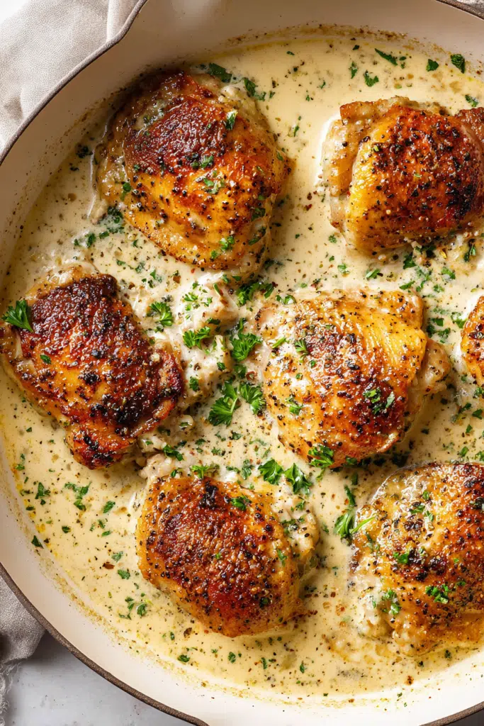 Ζουμερά μπούτια κοτόπουλου με κρεμώδη σάλτσα σκόρδου και παρμεζάνας