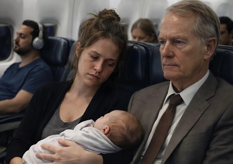 Μια εξαντλημένη μητέρα, προσπαθώντας να ηρεμήσει το μωρό της που έκλαιγε, αποκοιμήθηκε από την κούραση πάνω στον ώμο του άντρα που καθόταν δίπλα της: ο άντρας έδειχνε εκνευρισμένος, αλλά αυτό που έκανε μετά άφησε όλο το αεροπλάνο άφωνο