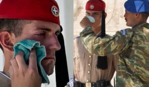 Ακίνητοι οι Εύζωνες μέσα στον καύσωνα – Τους δίνουν νερό και σκουπίζουν τον ιδρώτα τους